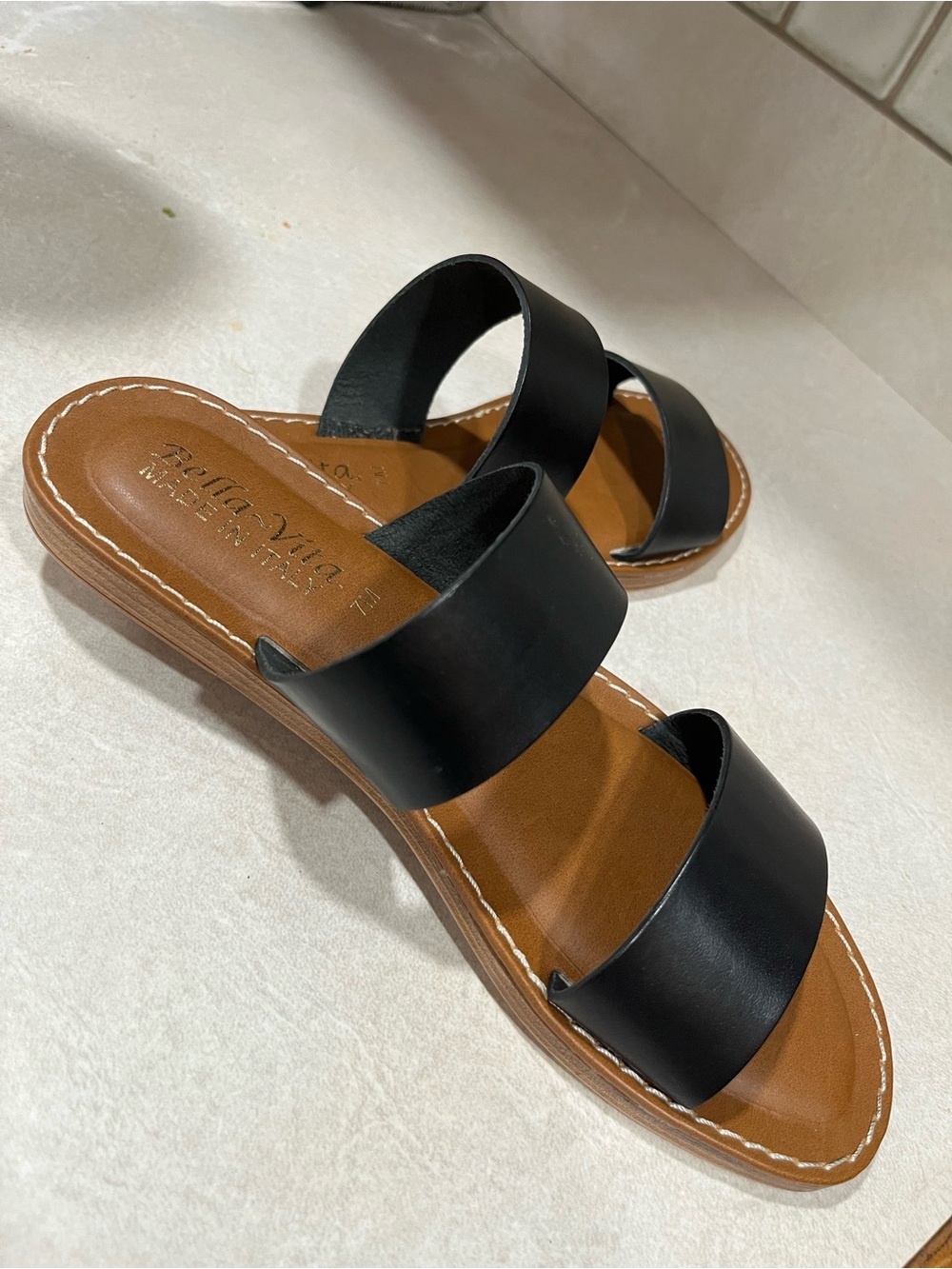 Bella Vita Black Double-Band Slide Sandals with Brown Footbed